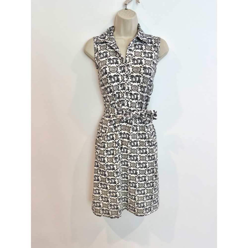J Mclaughlin Dolly Dress Collared Sleeveless Belted Stretch XS Black White Print